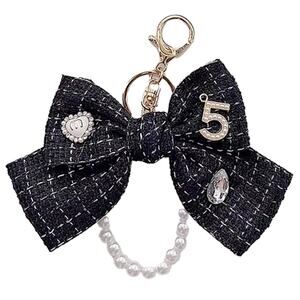 Black Tweed Bow Number 5 Bag Charm Keychain